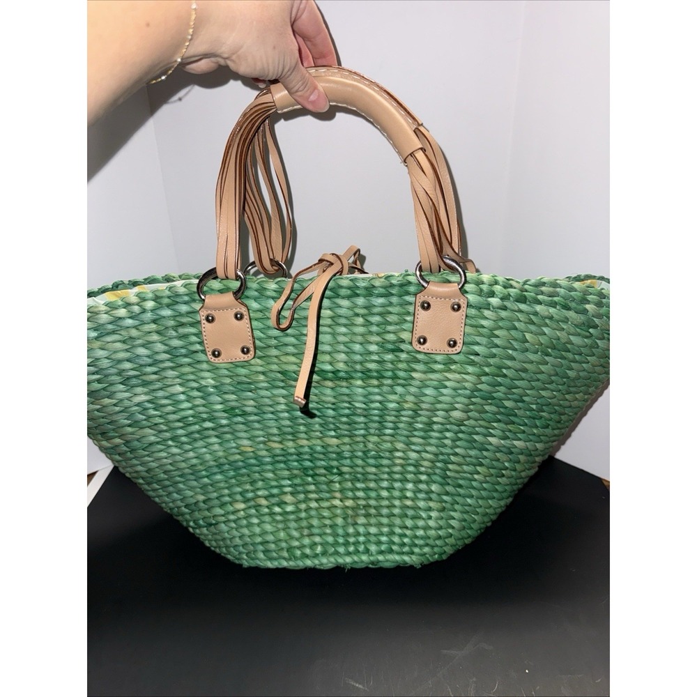 Green Woven Tote Bag with Tan Handles